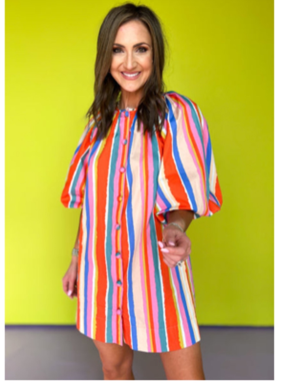 Fate Multicolor Striped Puff-Sleeve Tunic Dress